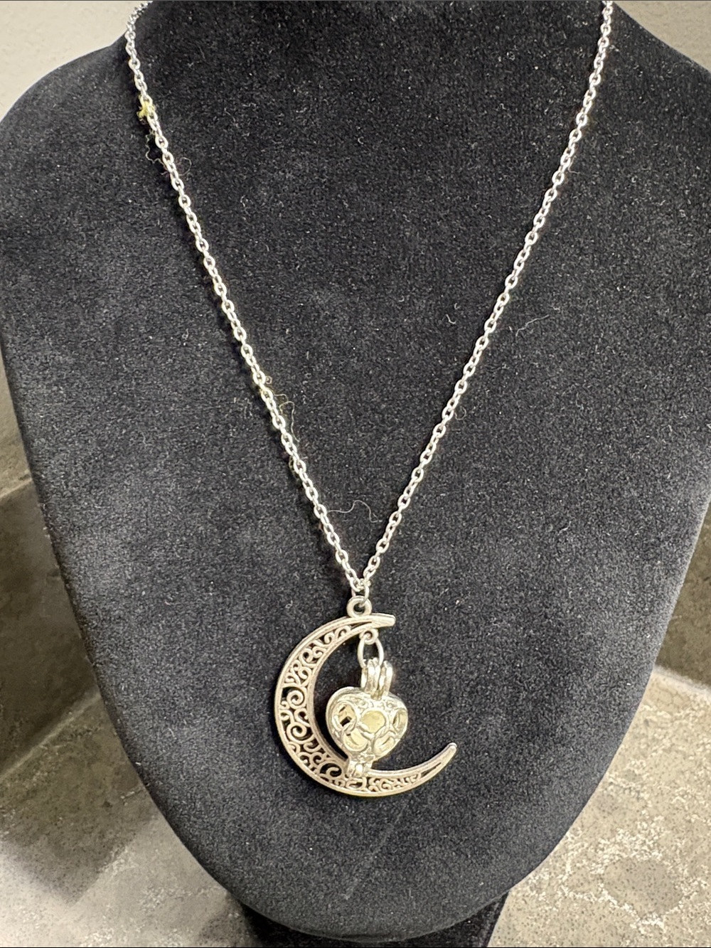 Silver Crescent Moon Pendant Necklace with Heart Locket. Glow in the Dark.